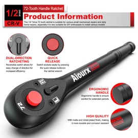 Aiourx 1/2" Drive 280 mm Ratchet Handle, 72-Tooth Ratchet Wrench, Quick Release Reversible Ratchet, CR-V Steel, Mechanical Maintenance, Automobile and Motorcycle Repair