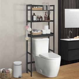 CAPHAUS Bamboo Over The Toilet Storage, Behind Toilet Bathroom Shelf Rack with Hooks & Adjustable Feet, 24-Inch Freestanding Toilet Shelf, Bathroom & Laundry Organizer, Balcony Plant Stand, Black