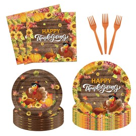 Fitumiw 96Pcs Happy Thanksgiving Party Tableware Supplies Turkey Plates and Napkins Autumn Pumpkin Harvest Party Set Thanksgiving Day Decorations Serve 24 Guests
