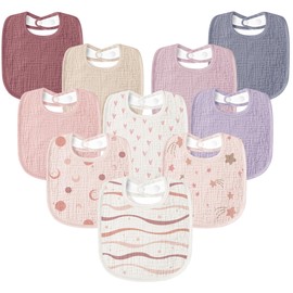 Susurration Muslin Baby Drool Bibs 10Pack Soft Square Adjustable Bandana Bibs for Unisex Baby Girls & Boys (Pink Print)
