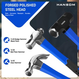 HANSOM 5-Pack Hammer Set,Rubber Mallet 32oz, Double-Faced Mallet 22oz,16oz Claw Hammer,16oz Ball Peen Hammer,3lb Sledge Hammer,Ergonomic Handle