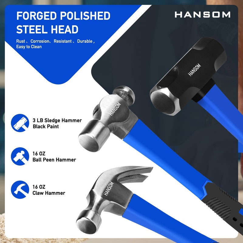 HANSOM 5-Pack Hammer Set,Rubber Mallet 32oz, Double-Faced Mallet 22oz,16oz Claw