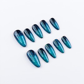 Galaxy Cateye Press On Nail Almond, super shining, party birthday nail (Blue, L)
