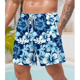 ERECT PEAK Mens Dri Fit Bathing Suit Inseam Flower Swimwear Graphic Surfing Pocket Beach Vacation Bathing Short Blue XL