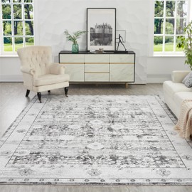 Syalife 6x9 Washable Area Rug, Ultra Soft Non-Slip, Low Pile, Stain Resistant Vintage Area Rug for Living Room, Boho Carpet for Bedroom, Dining Room, Office, Foldable Home Decor Rug, Dark Grey