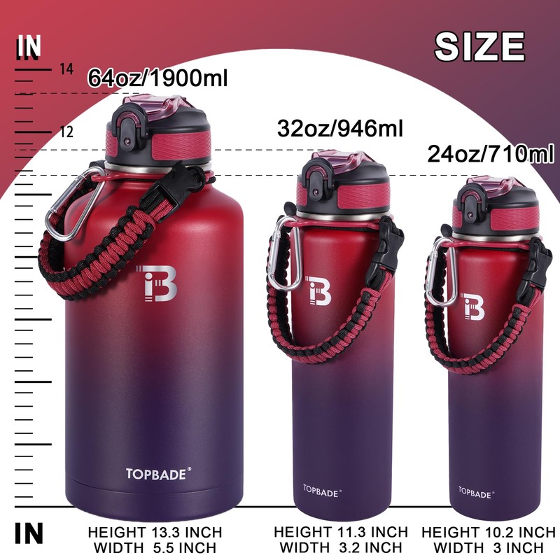 TOPBADE Half Gallon Insulated Water Bottle with Paracord Handle, 64oz