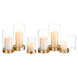 Glasseam Hurricane Glass Candle Holders: Set of 6 Metal Gold Candle Holder for Small Pillar Candles Clear Candleholder with Glass Chimney for Outdoor Wedding Decor