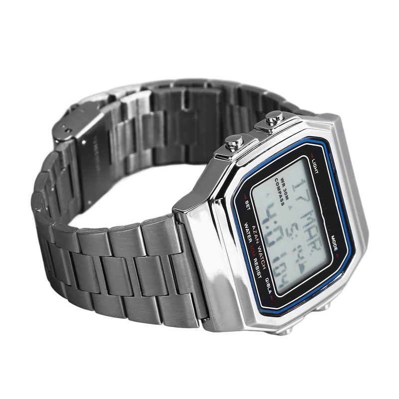 Men Muslim Digital Watch Prayer Reminder Strainless Streel Strap Waterproof