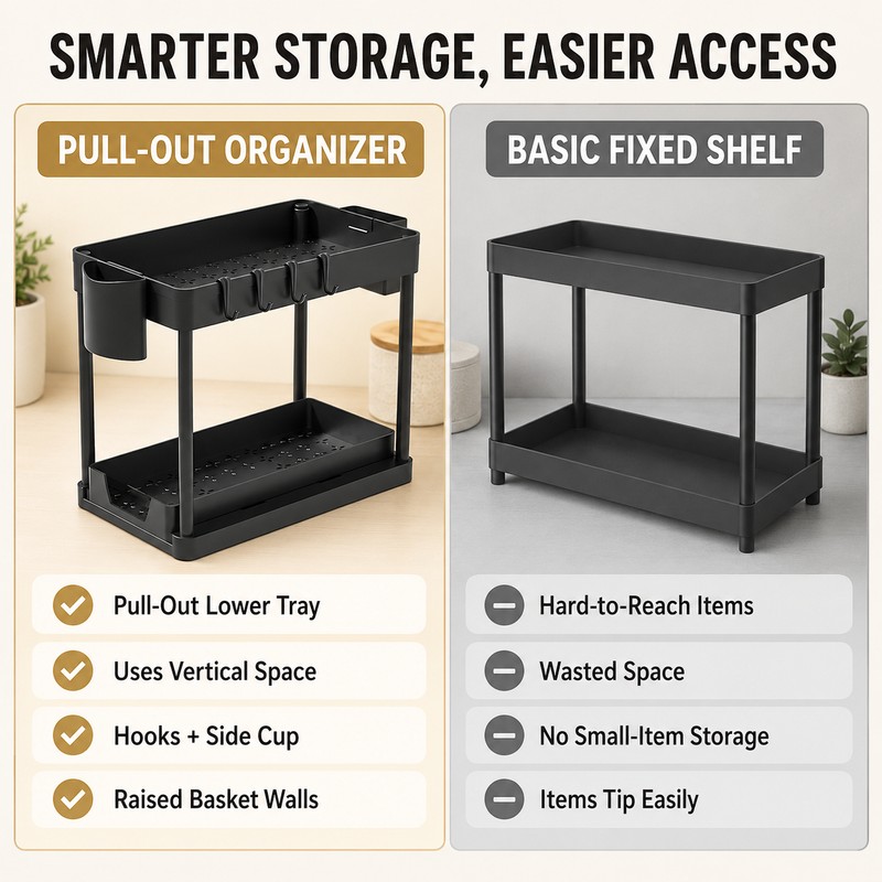 2-Tier Under Sink Organizer with Pull-Out Drawer & Hooks