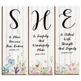 Inspirational Floral Wall Decor Wood - 3PCS Wooden Hanging Wall Art Christian Quotes SHE Word Sign Bathroom Accessories Bible Verse Gifts for Women Girls Teens Bedroom Living Room Office Decorations