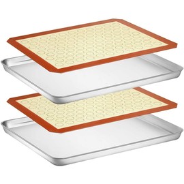 Wildone Baking Sheet with Silicone Mat Set, Set of 4 (2 Sheets + 2 Mats), Wildone Stainless Steel Cookie Sheet Baking Pan with Silicone Mat, Size 18 x 13 x 1 Inch, Non Toxic & Heavy Duty & Easy Clean