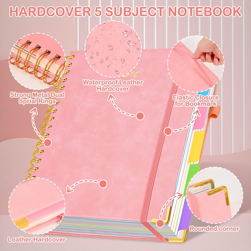 FREBLASO 5 Subject Notebook with Removable Dividers Tabs, 300 Pages