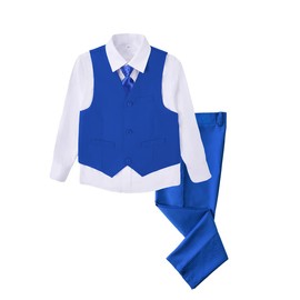 SaiLiiny - Traje de 4 piezas para niños, ajuste delgado, conjunto de chaleco, vestido formal negro y azul para niño, Azul real (corbata)., 6