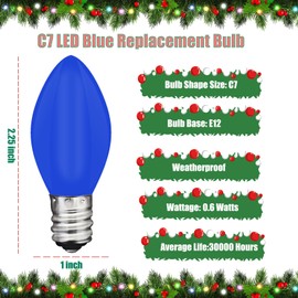 25 Pack C7 Led Blue Replacement Light Bulbs, Blue Christmas Outdoor String Lights Bulbs, Shatterproof Led Night Light Bulbs, E12 Candelabra Base, 0.6W Energy-Efficient LED Bulbs