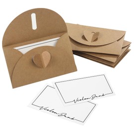 Mini Envelopes with Heart Closure (Set, 50 Envelopes, 50 Cards, Thank You) Kraft Paper