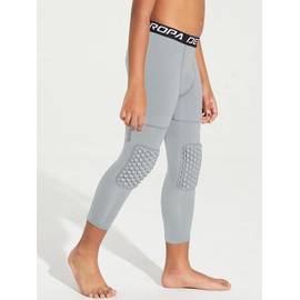 DEVOROPA Youth Boys' Compression Pants with Knee Pads 3/4 Basketball Athletic Tights Quick Dry Sports Workout Leggings Light Gray XL