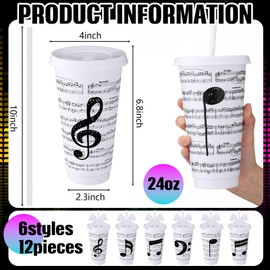 Skylety 12 Set Music Cups and Pen Set Bulk, Music Themed Gifts Party Favors 24 oz Musical Cup and Ballpoint Pen Kits Choir Appreciation Gifts Musical Note Tumblers for Musicians Band Choir (White)