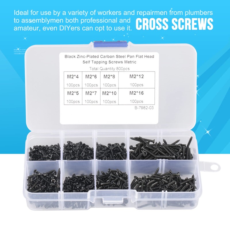 800pcs M2 Carbon Steel Countersunk Screw Cross Screw Self Tapping