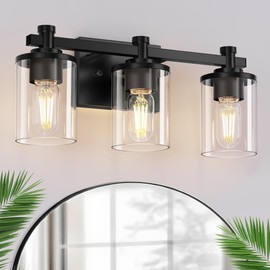 L LOHAS LED 3 Light Bathroom Vanity Light, Black Bathroom Light Fixture Over Mirror, Modern Lighting Fixtures with Clear Glass Shade, Vintage Vanity Lights for Bathroom Mirror Hallway, ETL