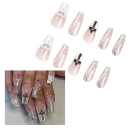Long French Tip Press on Nails Square 3D White Heart Fake Nails Bling Nails Tips Full Cover False Nails Artificial Reusable Nails Acrylic Stick on Nails for Women and Girls 24PCS