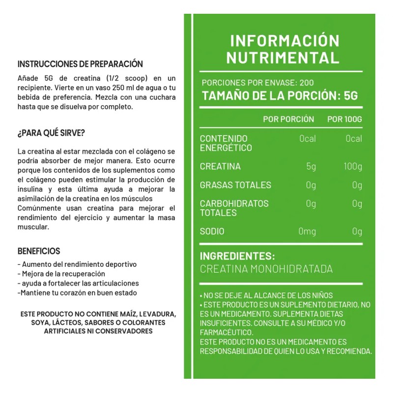 Creatina Monohidratada Green 1 Kg 200 Servicios Sabores