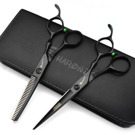 Professional Hair-Dressing Scissors and Hair Thinning Scissor Shears Set - Black - Stainless Steel J44C 5.5" and 6" (6" Set)
