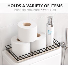 Toilet Paper Basket Organizer – Ash Wood Toilet Tank Tray with Metal Frame, Back of Tank or Top Bathroom Counter Storage – Black & Whitewashed Modern Decor