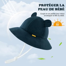 SEYUFN Baby Sun Hat Girls UV Protection 50 Hat Children Boys Summer Bear Ear Hat Toddler Unisex Adjustable Ties Fishing Hat, navy