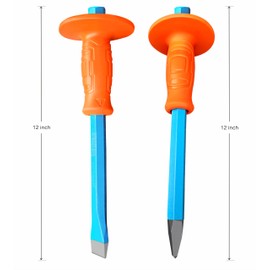2 pcs 12-Inch Heavy Duty Masonry Chisels Set With Hand Protection, Point/Flat Head Cold Chisel For Concrete Rock Stone Breaking/Demolishing/Carving