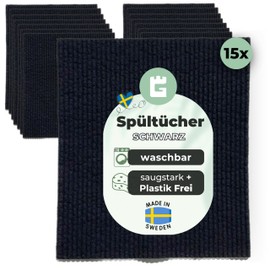 Grünschloss Dish Cloths Black – 15 x Sponge Cloths Washable Kitchen Towels Cotton & Wood Pulp – Kitchen Cloths, Cleaning Sponge Made in Sweden – Extra Absorbent Universal Cleaning Cloths & Wipes