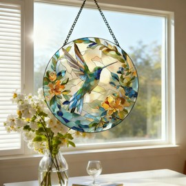 Hummingbird Sun Catcher, Stained Glass Window Hanging for Home Decor, Hummingbird Gift for Bird Lovers and Women Mom