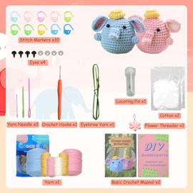 Crochet Kit for Beginners, 2PCS Elephant Crochet Animal Kit with Step-by-Step Video Tutorials, Beginner Crochet Kit for Adults Kids Women Men Crochet Starter Kit Valentine's Day Gift
