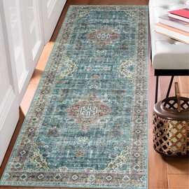 IMINROME Runner Rug 2x6 Rug Vintage Machine Washable Thin Rug Soft Lightweight Hallway Runner Non Slip Non Shedding Bedside Rug Traditional Laundry Bathroom Runner Mat Distressed Carpet, Green