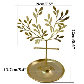 NewFerU Gold Metal Jewelry Tree, Small Necklace Hanging Display Stand, Table Top Bracelet Rack Holder, Earring Hanger Organizer Tower with Ring Watch Dish Tray for Women Girls (1 Piece)