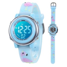 Toddler Kids Digital Watches for Girls Boys,3D Cute Cartoon 7 Color Lights Waterproof Sport Electronic Wrist Watch with Alarm Stopwatch for 3-10 Year Children(Flamingo-Blue)