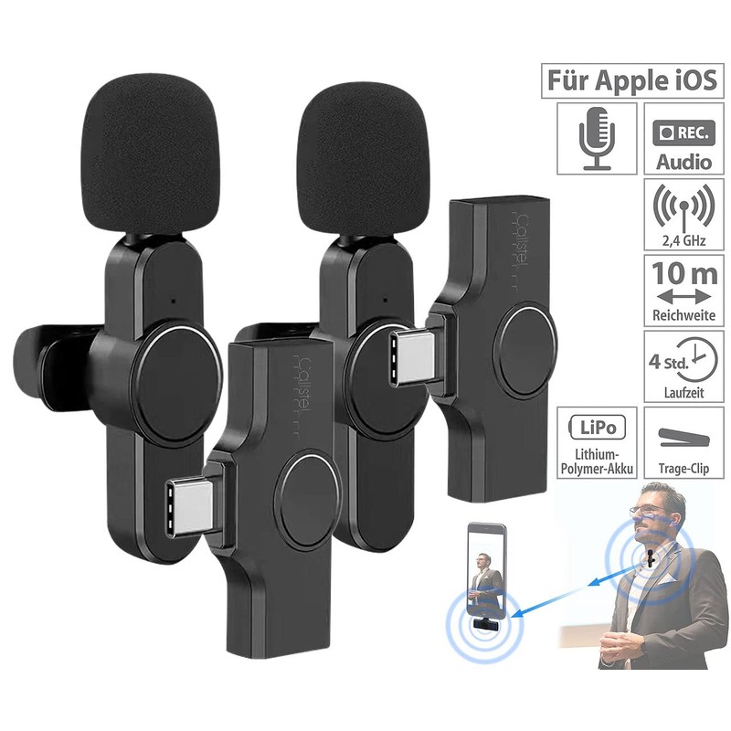 Callstel Funk-Mikrofon: 2er-Set Mini-Funkmikrofone für USB-C-Geräte, 2,4 GHz, 10 m