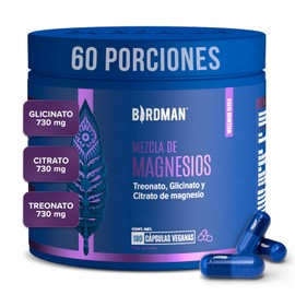 Birdman Mag Trifecta730 mg Magnesio Elemental | Glicinato, Citrato y Treonato de Magnesio | Distintos Beneficios | Fórmula Limpia Sin Aditivos | Cápsula Vegana | Suplemento Alimenticio | 60 Porciones | 180 Cápsulas