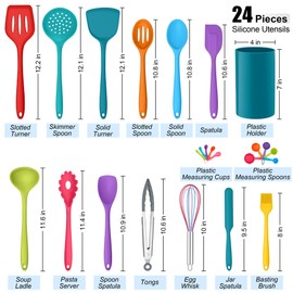 E-far Silicone Cooking Utensils Set, 24Pcs Heat Resistant Kitchen Utensil with Holder, Silicone Kitchen Tools with Spatula Turner Spoon Tongs Whisk, Non-Toxic & Dishwasher Safe (Colorful)