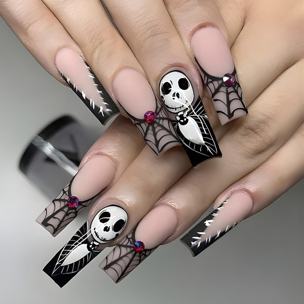 Halloween Press on Nails Long Square French Tip Fake Nails