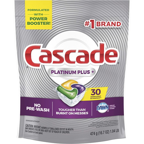 Cascade Platinum Dishwasher Pods, Actionpacs Dishwasher Detergent with Dishwasher Cleaner Action, Lemon Platinum Plus, 30 Count
