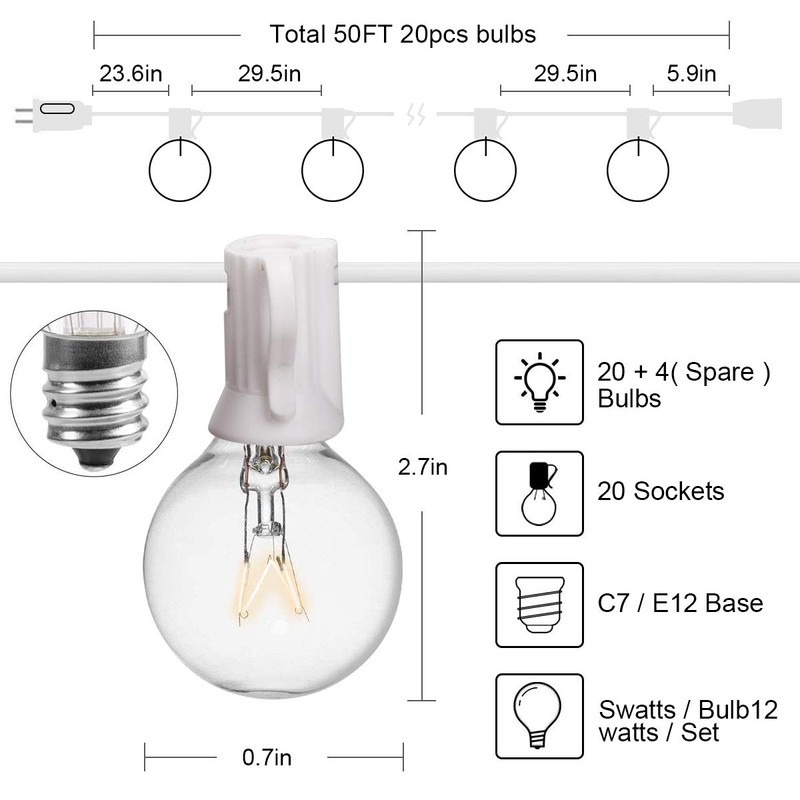 VAVOFO Outdoor String Lights 50FT Patio String Lights Outside Globe