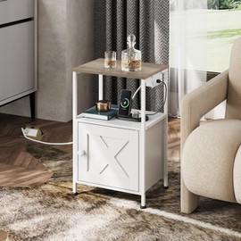 WLIVE End Table with Charging Station, Bed Side Table with Open Shelf and Cabinet, Farmhouse Night Stand, End Tables Living Room, Bedroom, Small Spaces, White and Greige