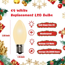 25 Pack C9 LED White Replacement Bulbs, E17 LED Bulb for Outdoor Christmas String Lights, Energy-Efficient 0.6W LED White Plastic Christmas Light Bulb, Commercial Grade Dimmable Bulbs