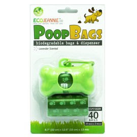 EcoJeannie 40-Count (2 Rolls) Dog Poop Bags + 1 Dispenser w/Stainless Steel Clip :Environment Friendly w/ d2w for Fast Degradation,Dog Waste Bags,Lavender Scented,Pet Waste Poopbags(PB0005)
