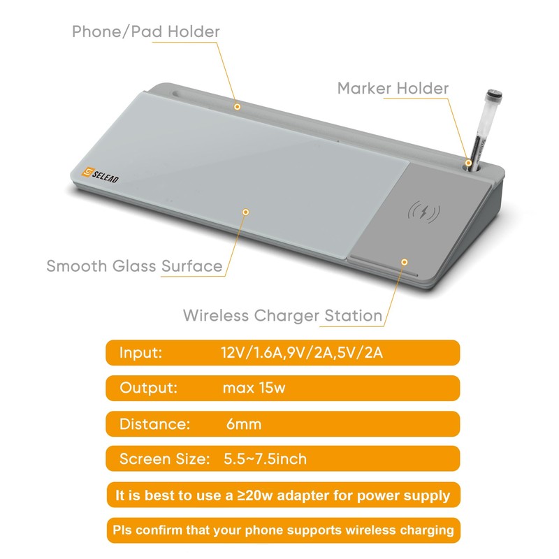 SELEAD Desktop Glass Whiteboard with Wireless Charger Station, Dry Erase