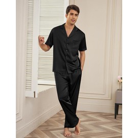 Ekouaer Men Satin Silk Pajamas Set 2 Piece Button Down Sleepwear Long Pants Loungewear with Pockets Black