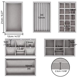 BELLE VOUS Pack of 6 Stackable Jewellery Organiser Made of Grey Velvet - Jewellery Insert for Drawers in 6 Different Designs - Total 36 Compartments for Rings, Bracelets, Earrings & Chains Storage
