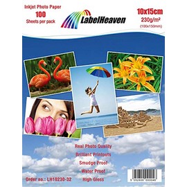 100 Sheets 100mm x 150mm 230g/m² Photo paper: very glossy and waterproof photo paper, compatible with all current Ink Jet and Photo Printers.