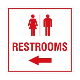 Signs ByLITA Square Restrooms left arrow Sign with Adhesive Tape (White/Red) - Large (1 Pack)