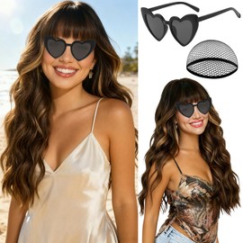 PLULON Brown Mix Blonde Wavy Wig with Bang for Women, Long Wavy Curly Wigs with Hair Cap Heart-Shaped Sunglasses Heat Resistant Synthetic Curly Hair Natural Looking for Cosplay Bachelor Party Daily